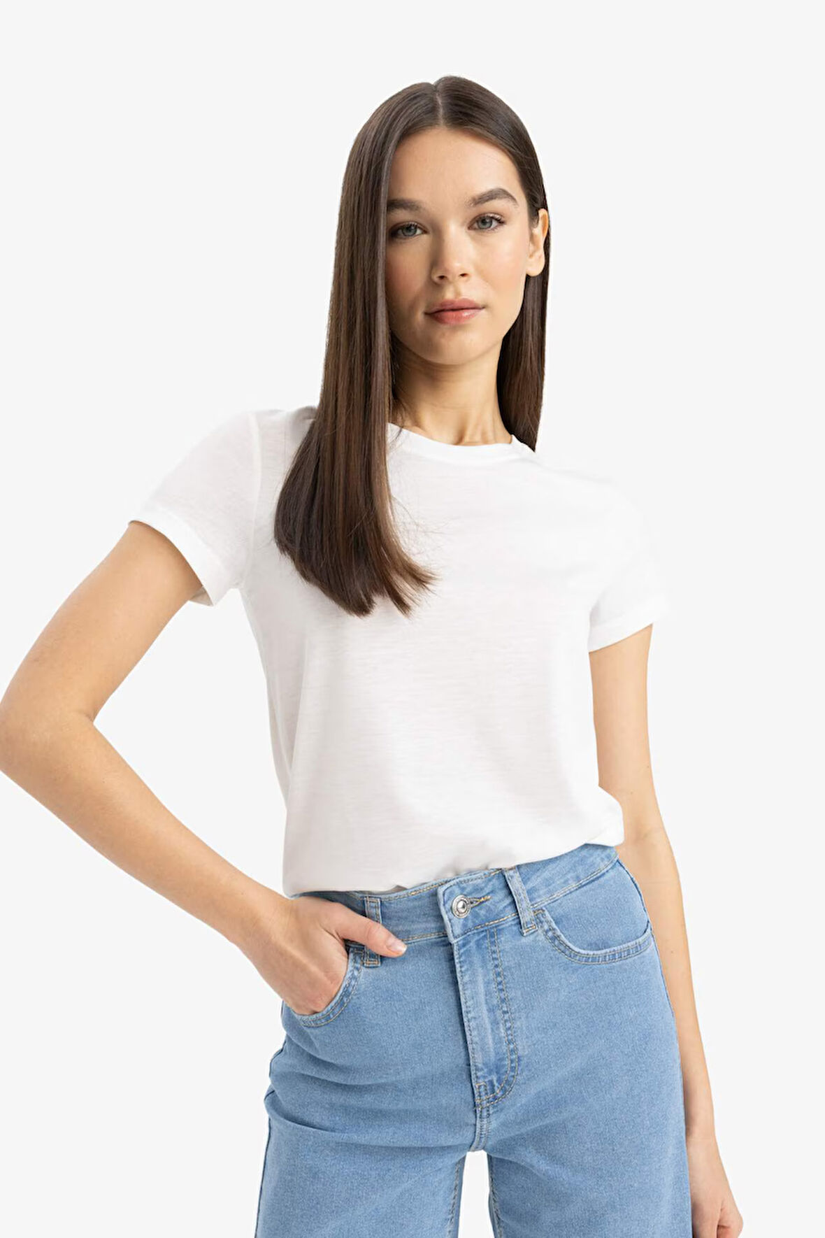 Fitted Bisiklet Yaka Basic Düz Kısa Kollu Tişört