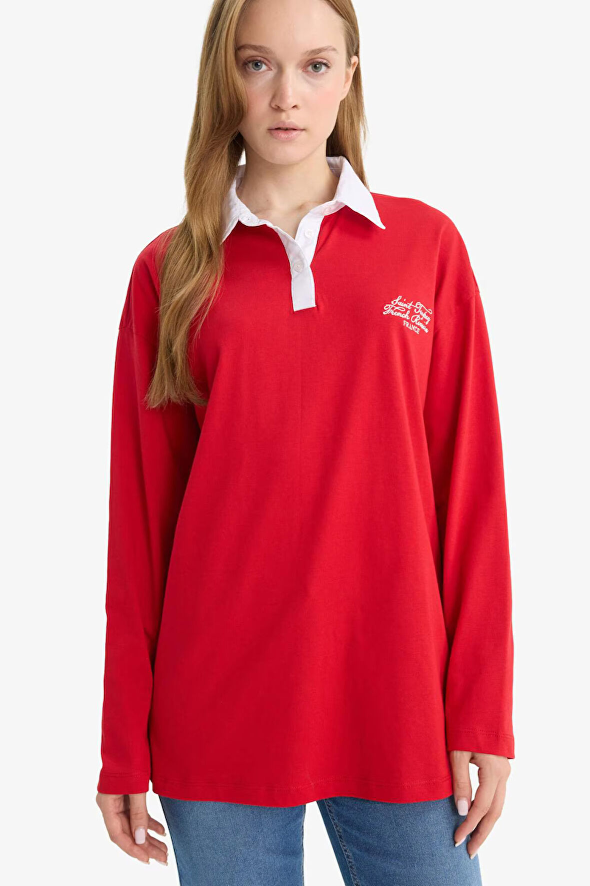 Regular Fit Polo Yaka İşlemeli Uzun Kollu Tunik