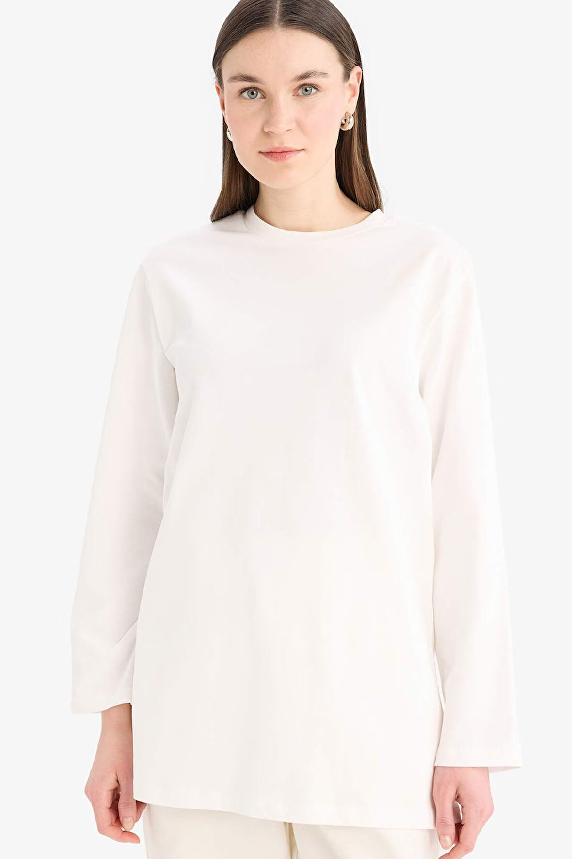 Regular Fit Bisiklet Yaka Basic Düz Uzun Kollu Tişört Tunik