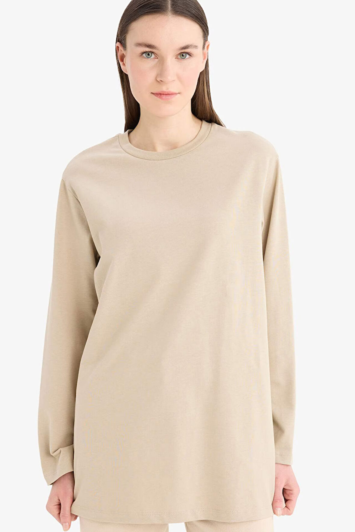 Regular Fit Bisiklet Yaka Basic Düz Uzun Kollu Tişört Tunik