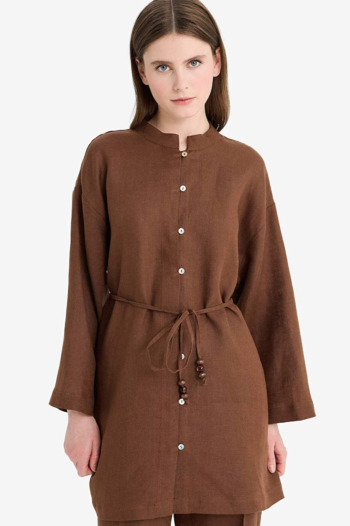 %100 Keten Regular Fit Bağcıklı Uzun Kollu Gömlek Tunik