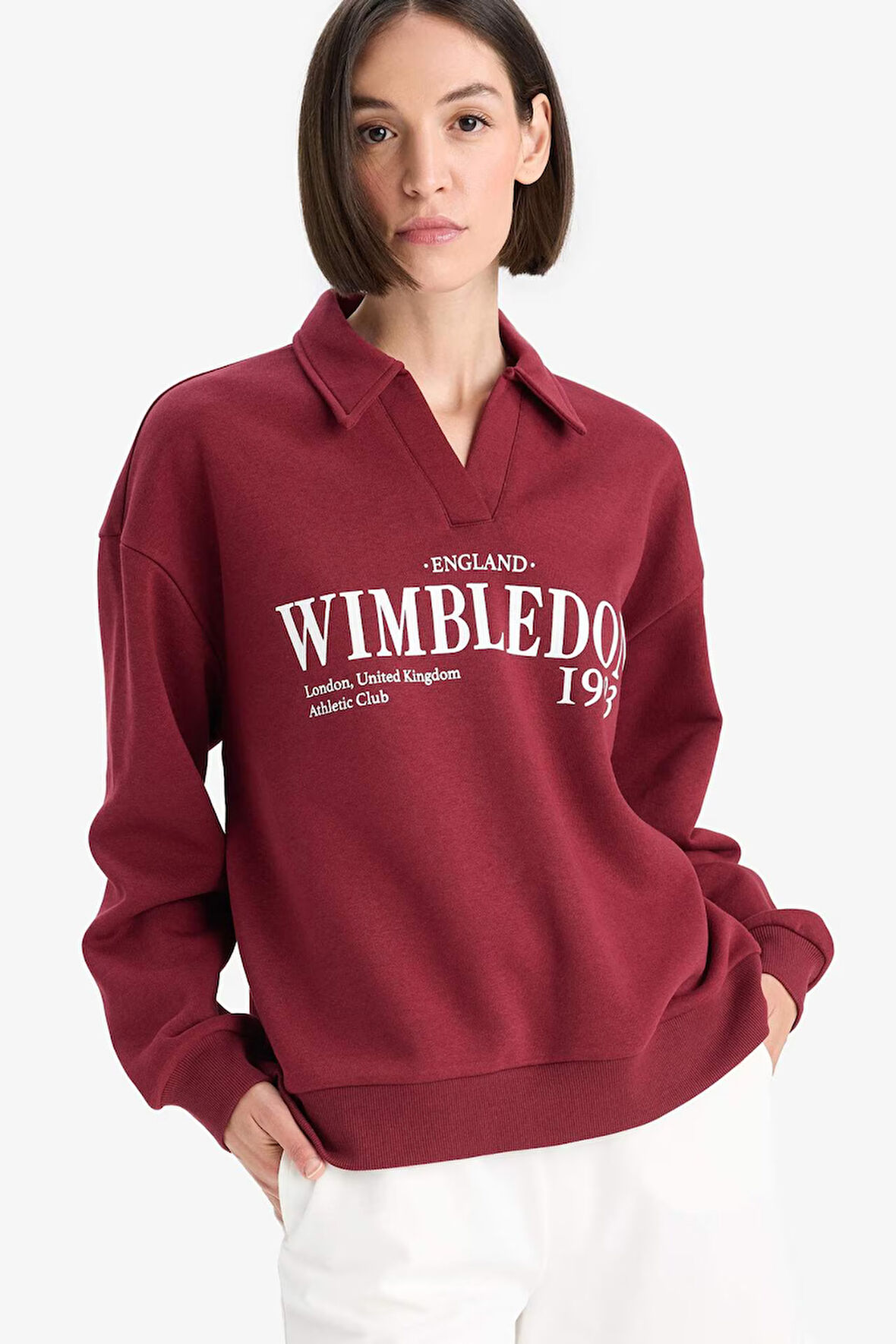 Relax Fit Polo Yaka Baskılı Kalın Sweatshirt Kumaşı Sweatshirt