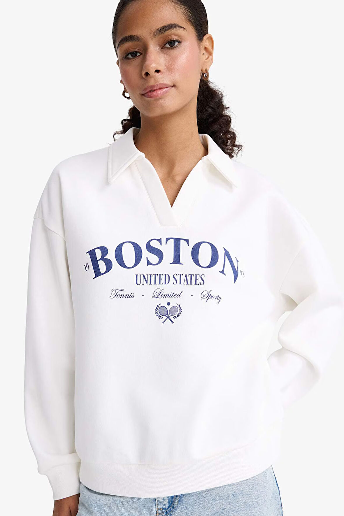 Relax Fit Polo Yaka Baskılı Kalın Sweatshirt