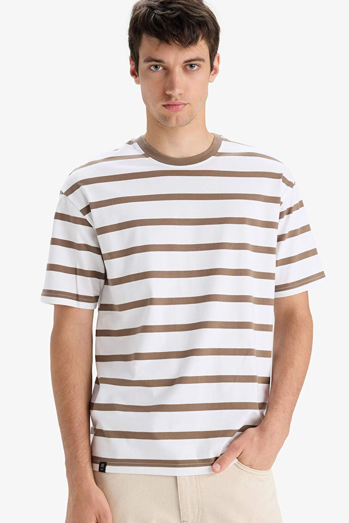 Boxy Fit Bisiklet Yaka Çizgili Kısa Kollu Tişört