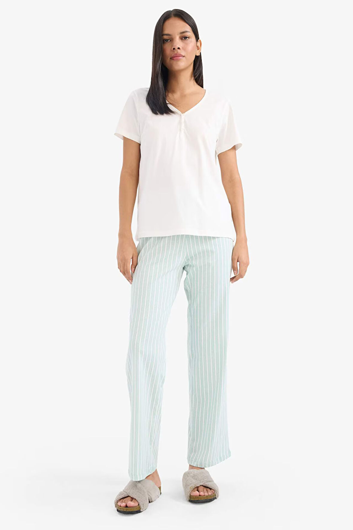 DeFacto Pijama Takımı Kısa Kollu Üst Esnek Belli Uzun Alt-Fall in Love E4823AX25SPGN1169