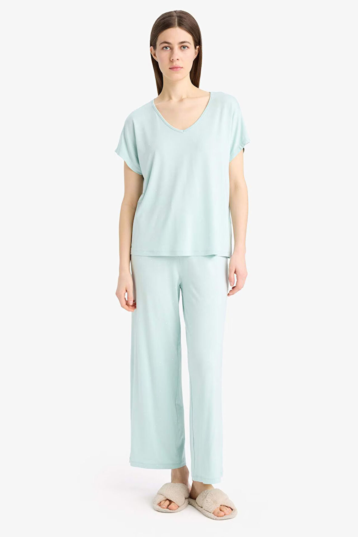 DeFacto Pijama Takımı Viskon Kısa Kollu Üst Esnek Belli Uzun Altı-Fall in Love E0264AX25SPGN1169