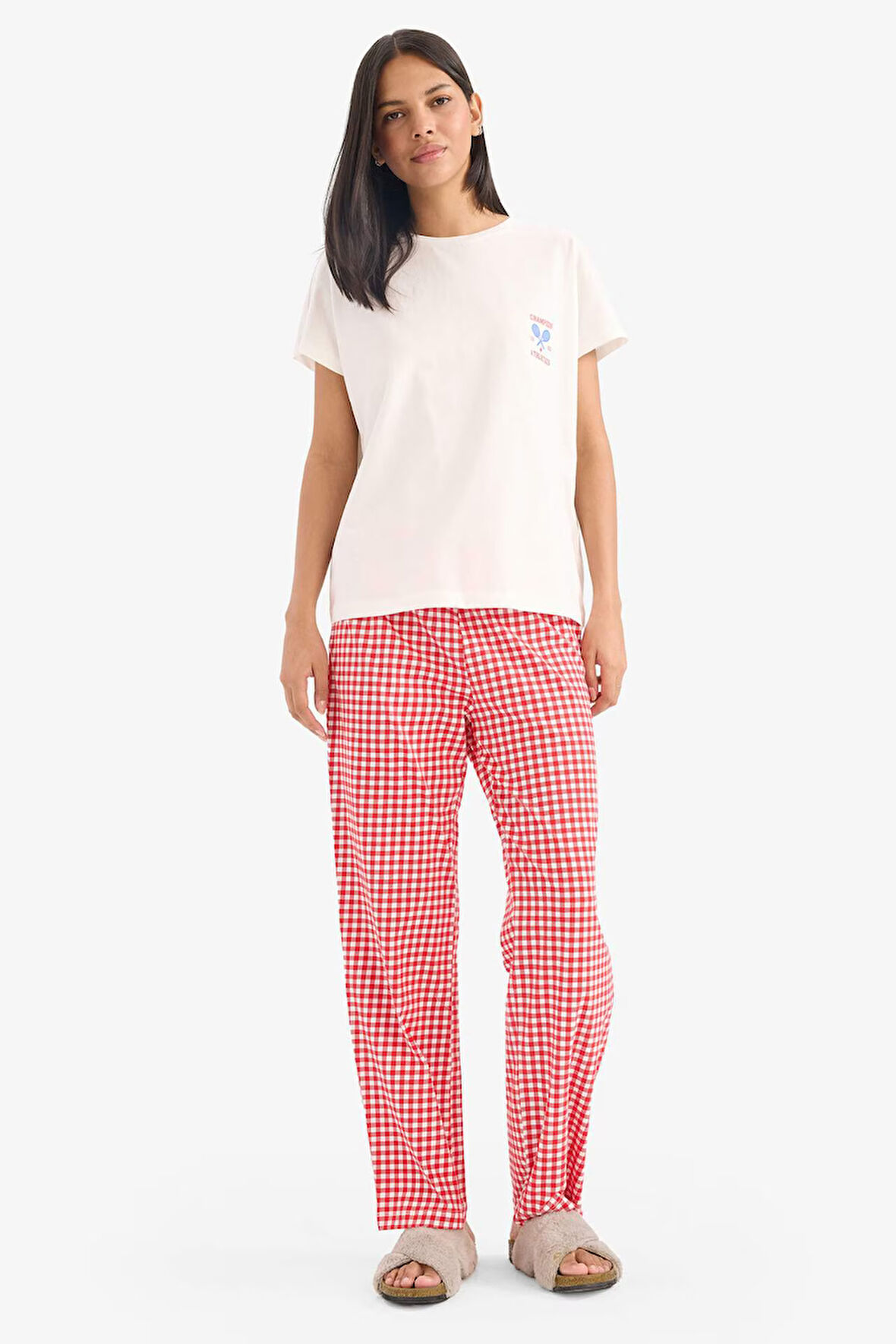 DeFacto Pijama Takımı Kısa Kollu Üst Esnek Belli Kareli Uzun Altı-Fall in Love E4822AX25SPRD227