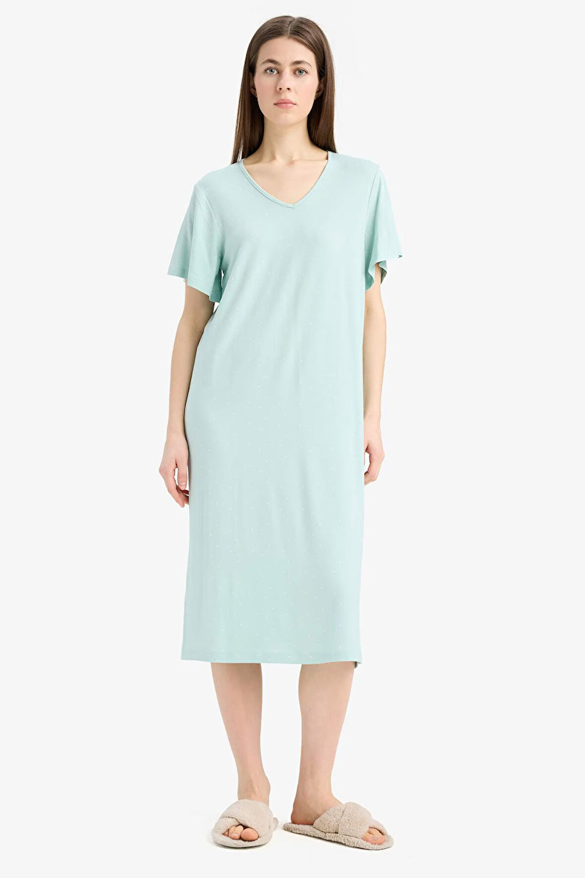 V Yaka Kısa Kollu Gecelik-Fall in Love