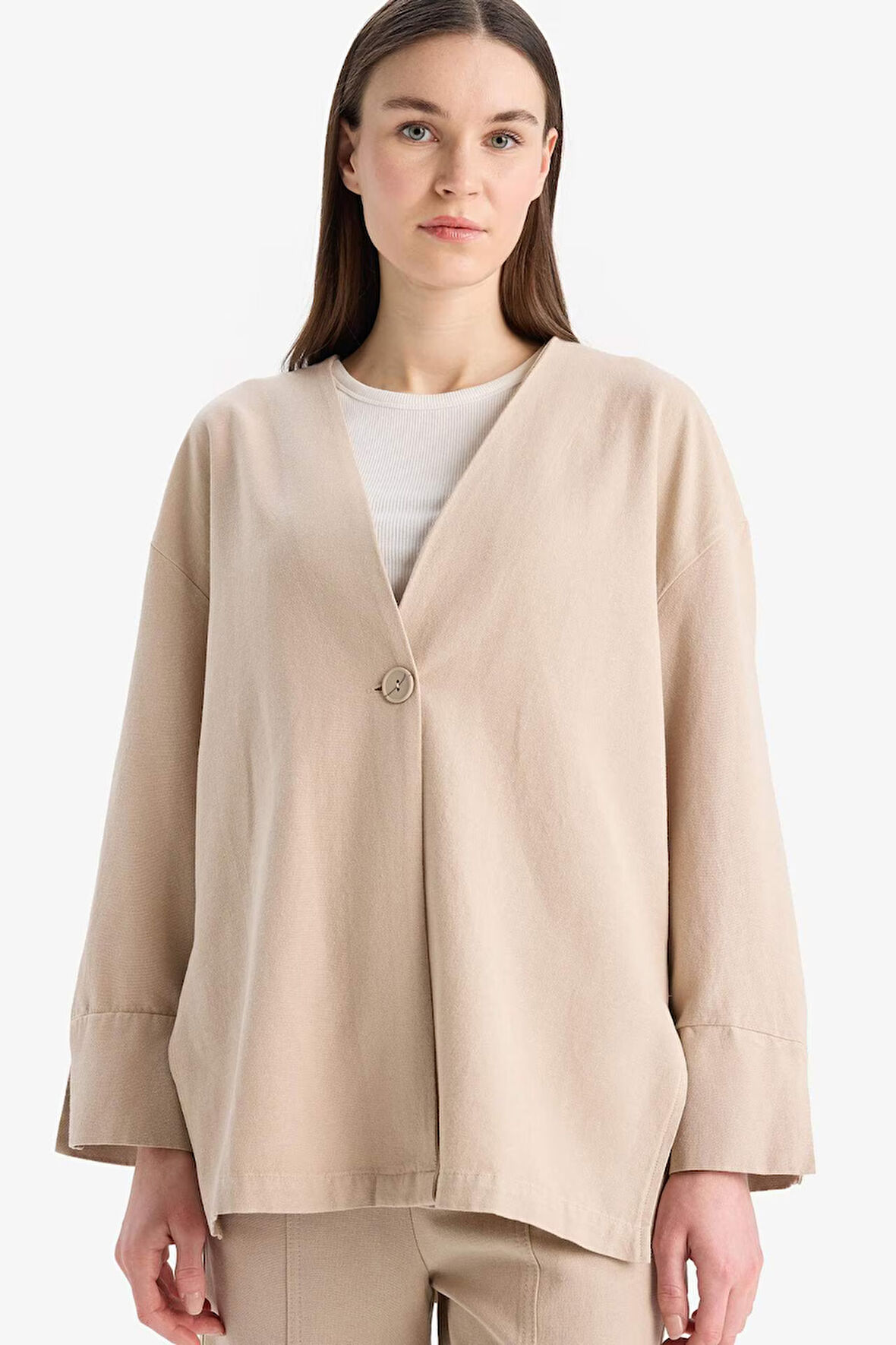 DeFacto Relax Fit Basic Düz Düğmeli Keten Görünümlü Uzun Kollu Tesettür Hırka Tunik E5351AX25SPBG773
