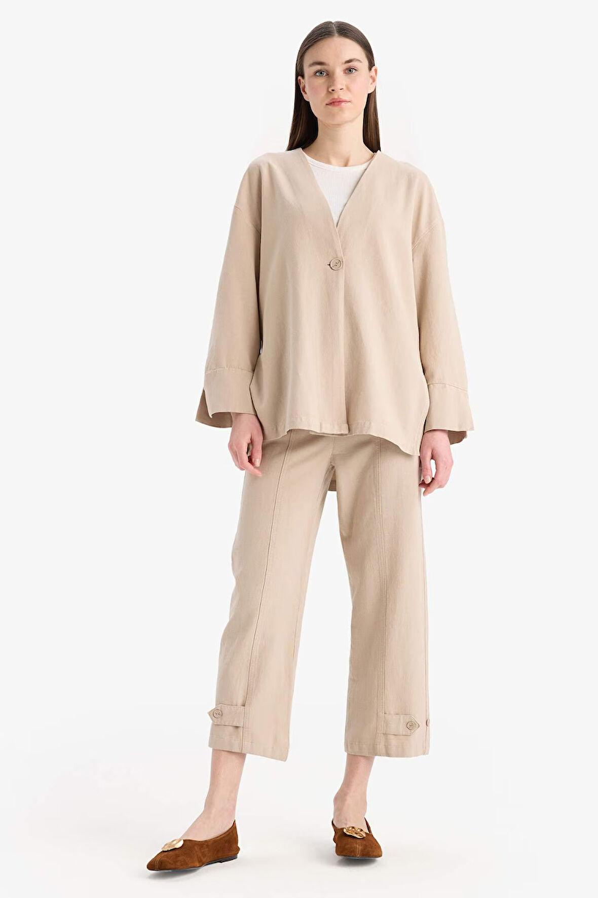 Keten Karışımlı Basic Düz Kısa Paça Harem Pantolon