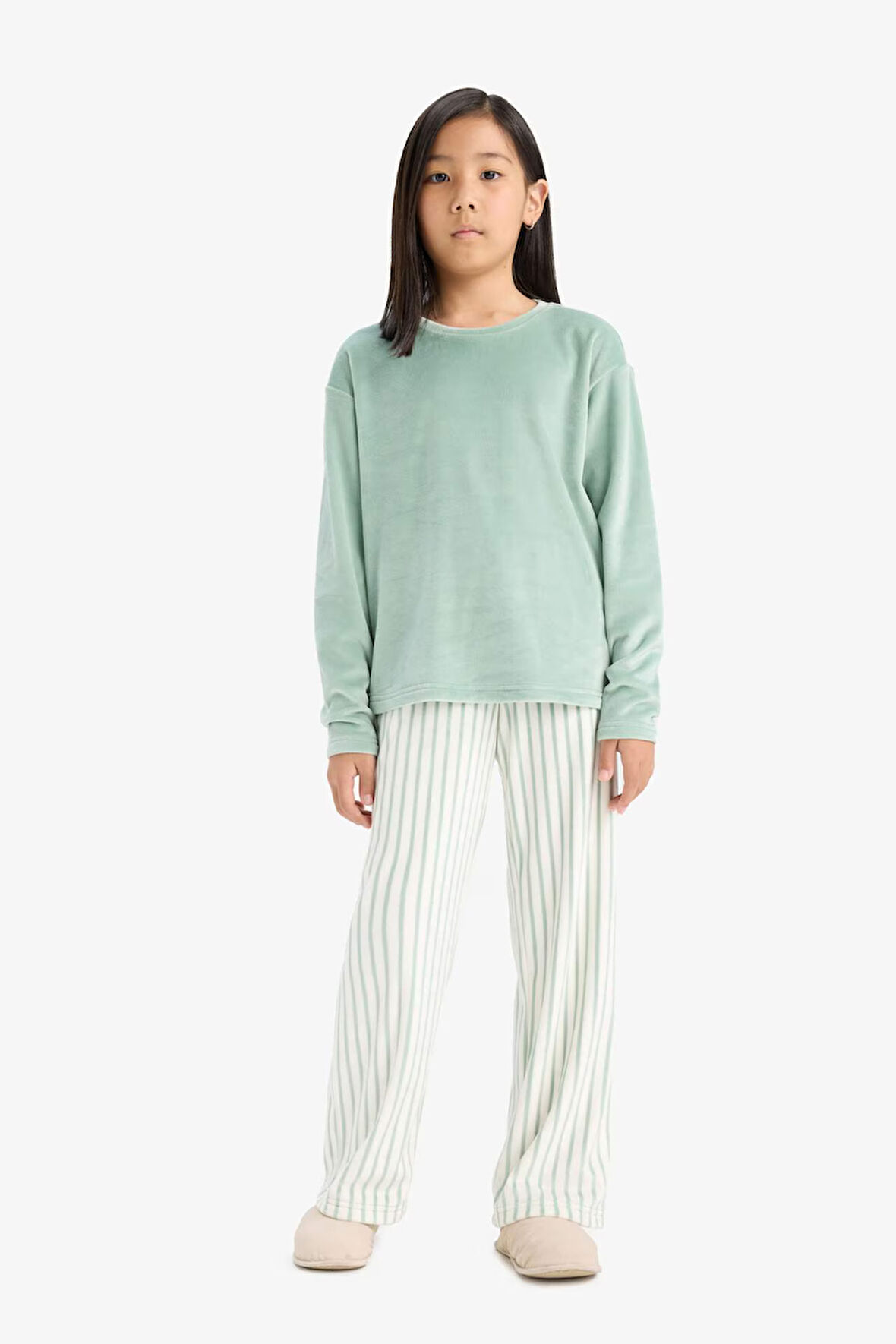 Kız Çocuk Pijama Takımı Uzun Kollu Üst Çizgili Uzun Alt