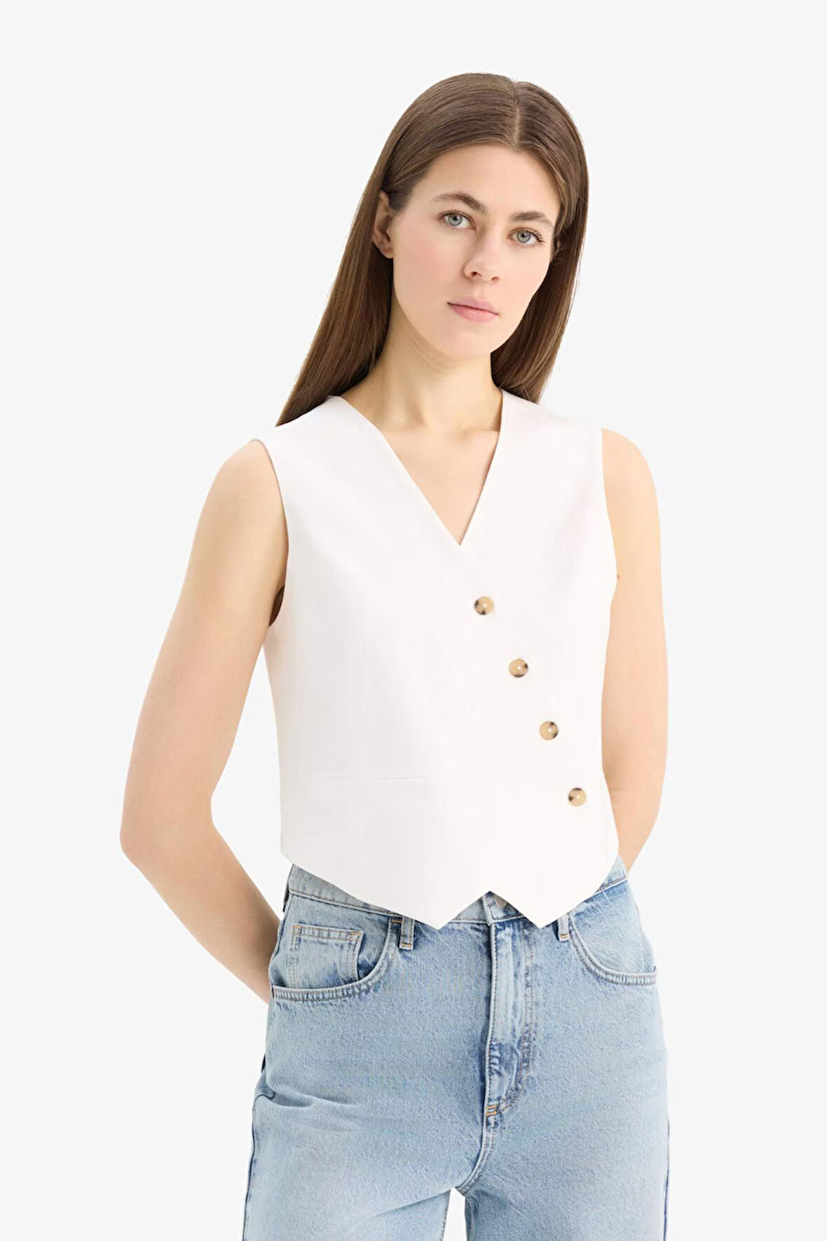 Regular Fit V Yaka Çapraz Düğme Kapamalı Tensel Blazer Yelek