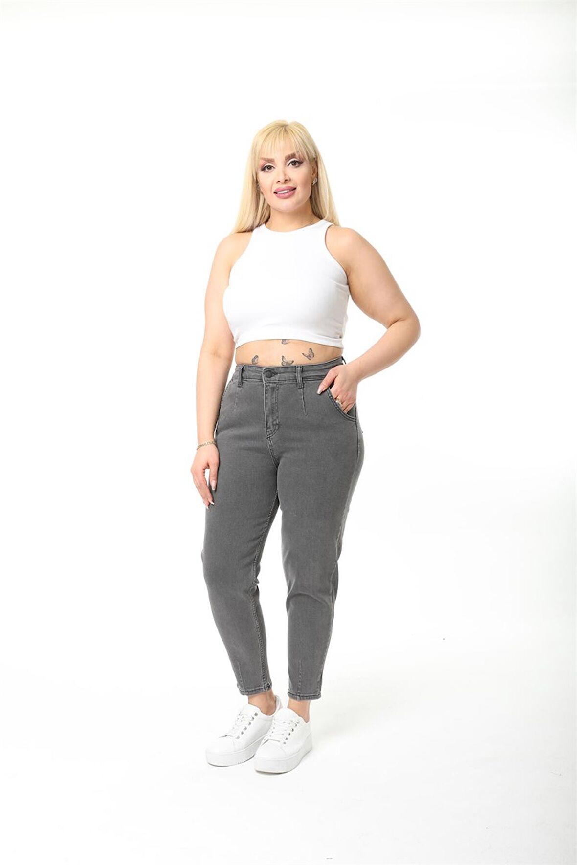 CEDY DENIM Kadın Büyük Beden Pileli Mom Jean Pantolon C600