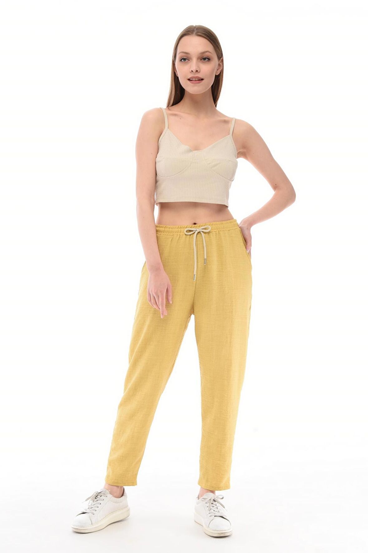 Kadın Sentetik Keten Büyük Beden Bel Lastikli Dar Paça Mom Pantolon C611-BB