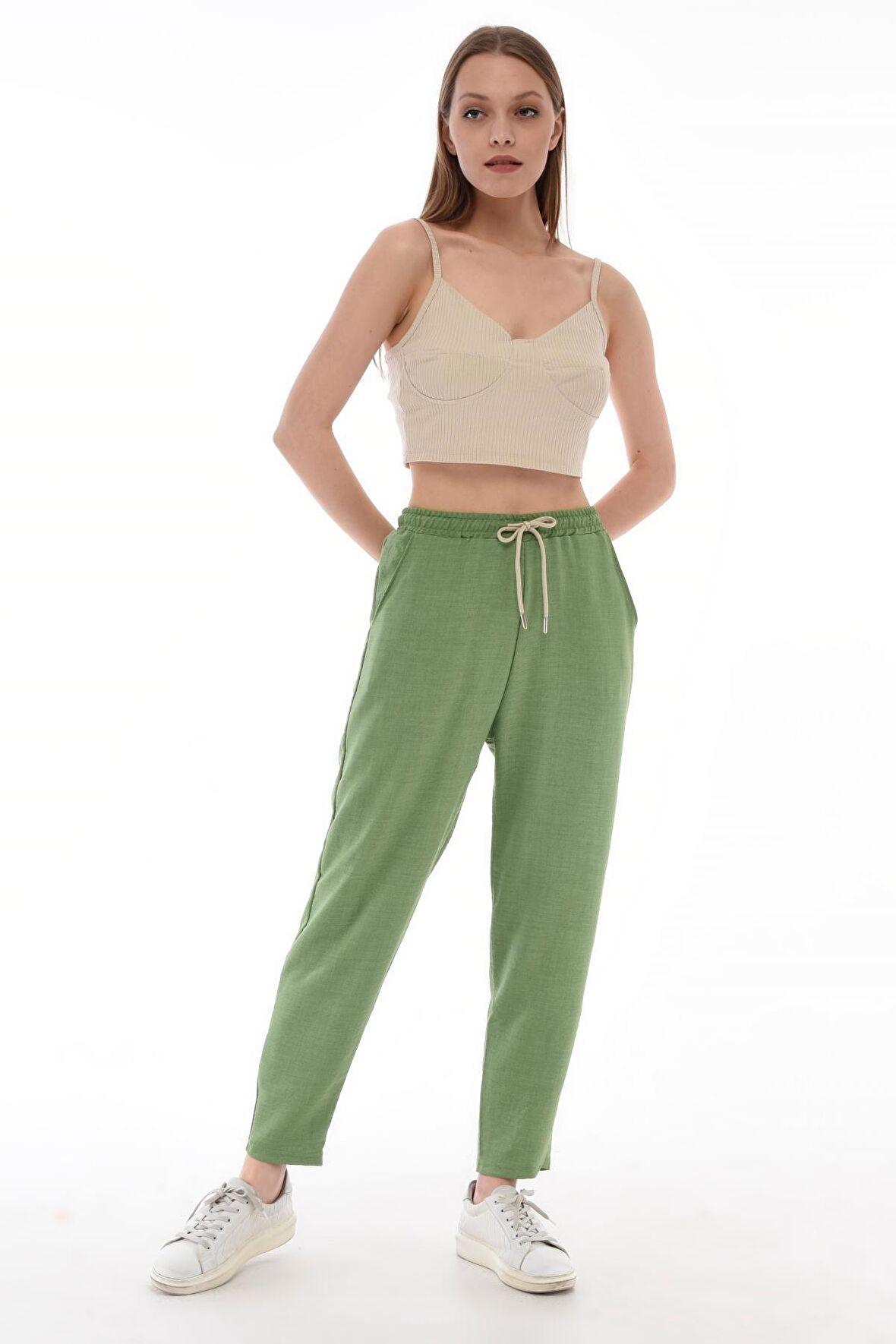 Kadın Sentetik Keten Büyük Beden Bel Lastikli Dar Paça Mom Pantolon C611-BB