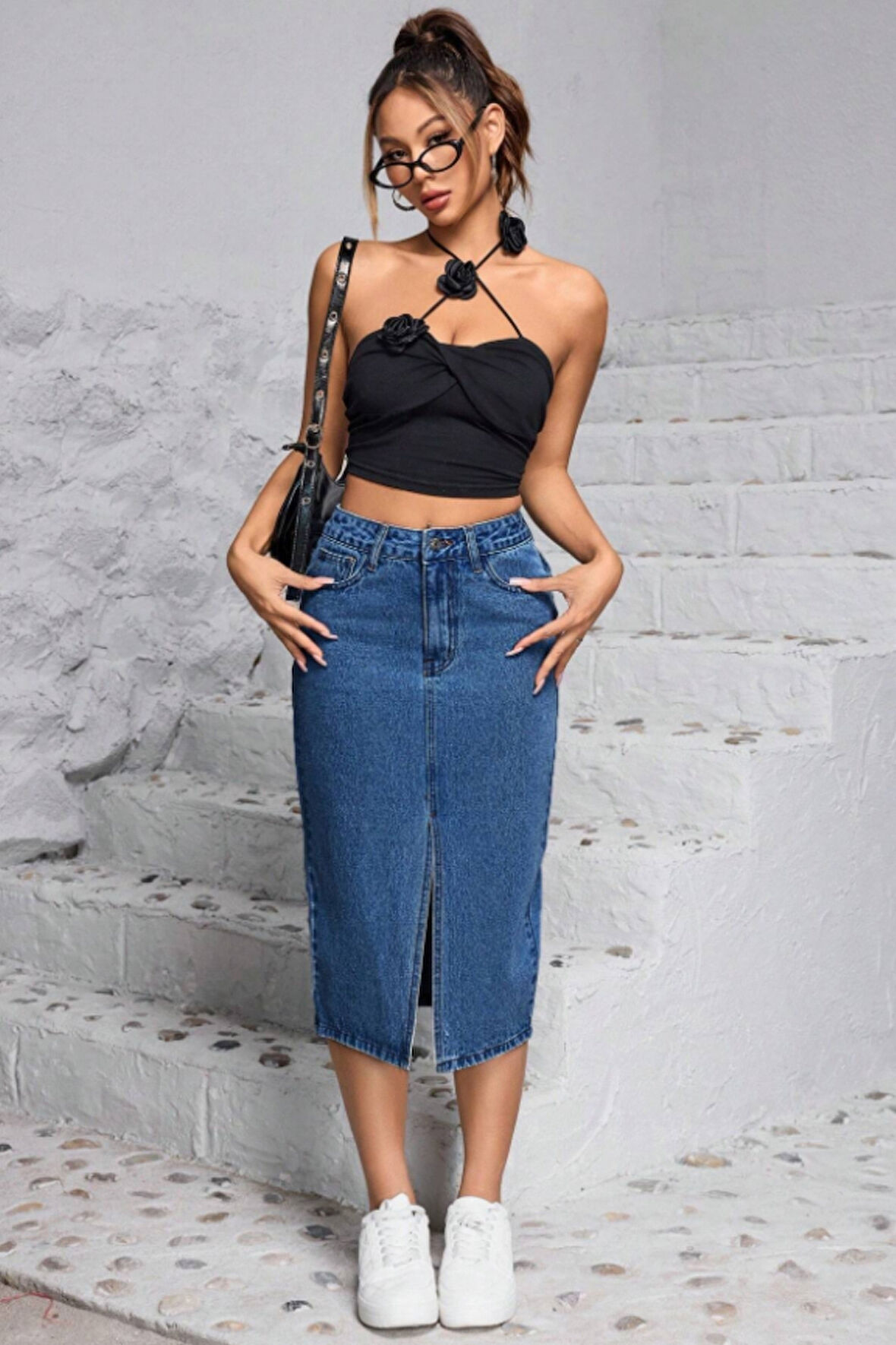 CEDY DENIM Yüksek Kalite  Midi Boy Yırtmaçlı Esnek Likralı Kot Etek  C624 