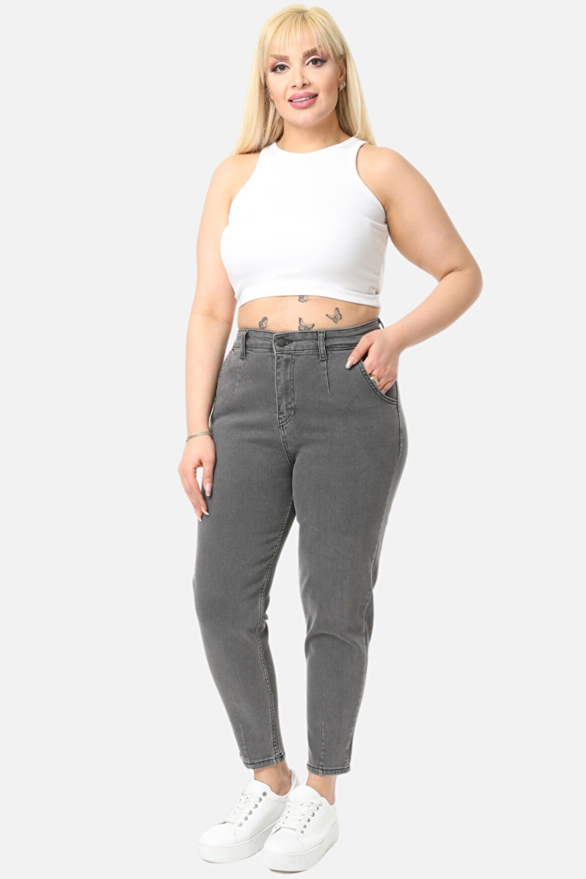 Mom Fit Jean Büyük Beden Yüksek Bel Carrot Kesim Dar Paça Pileli Esnek Kot Pantolon C600