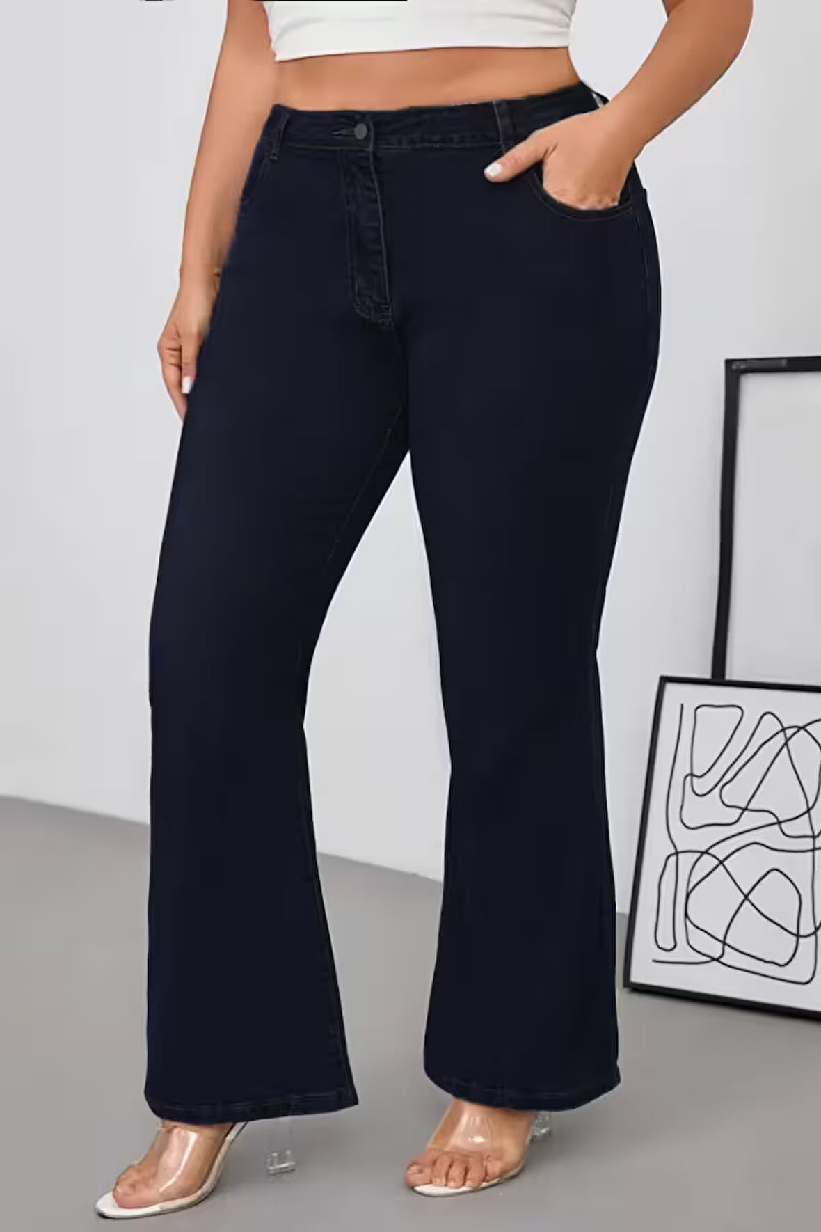CEDY DENIM - Kadın Siyah Büyük Beden İspanyol Paça Yüksek Bel Skinny Fit Likralı Pantolon  C628