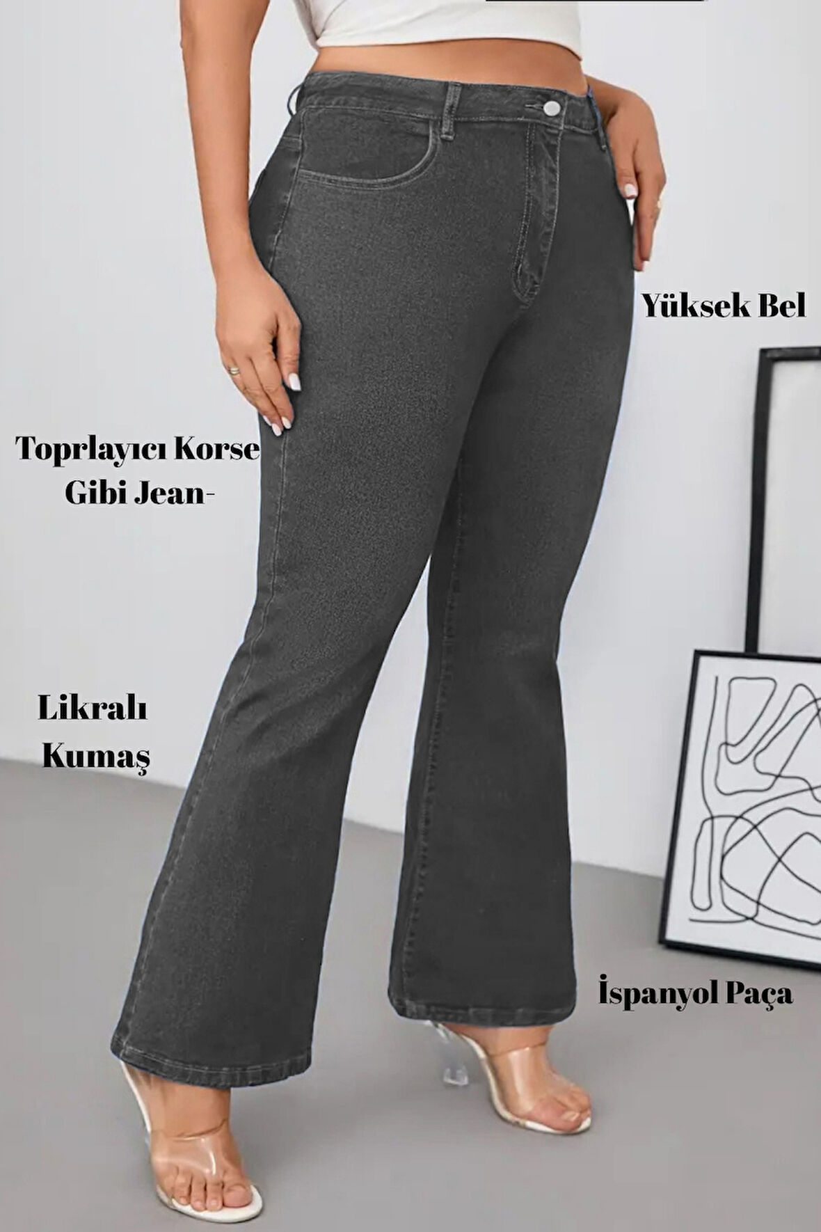 CEDY DENIM - Kadın Siyah Büyük Beden İspanyol Paça Yüksek Bel Skinny Fit Likralı Pantolon  C628