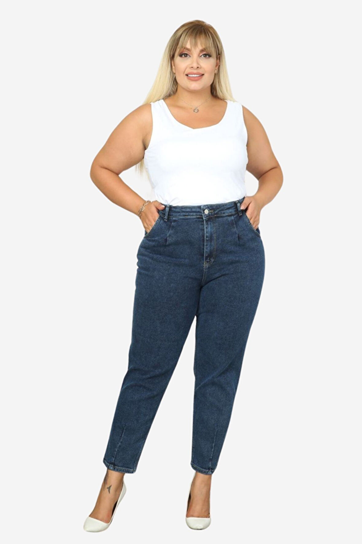 Mom Fit Jean Büyük Beden Yüksek Bel Carrot Kesim Dar Paça Pileli Esnek Kot Pantolon C600