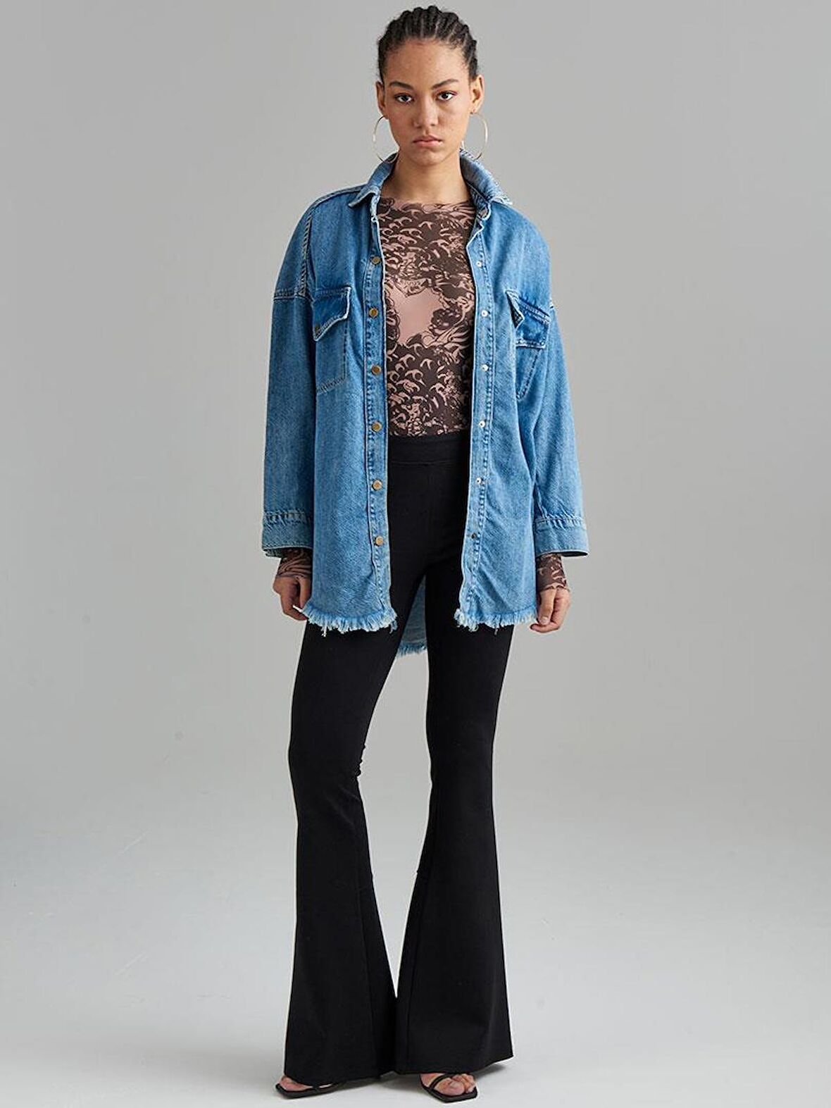 Oversize Truvakar Kol Denim Gömlek - İndigo
