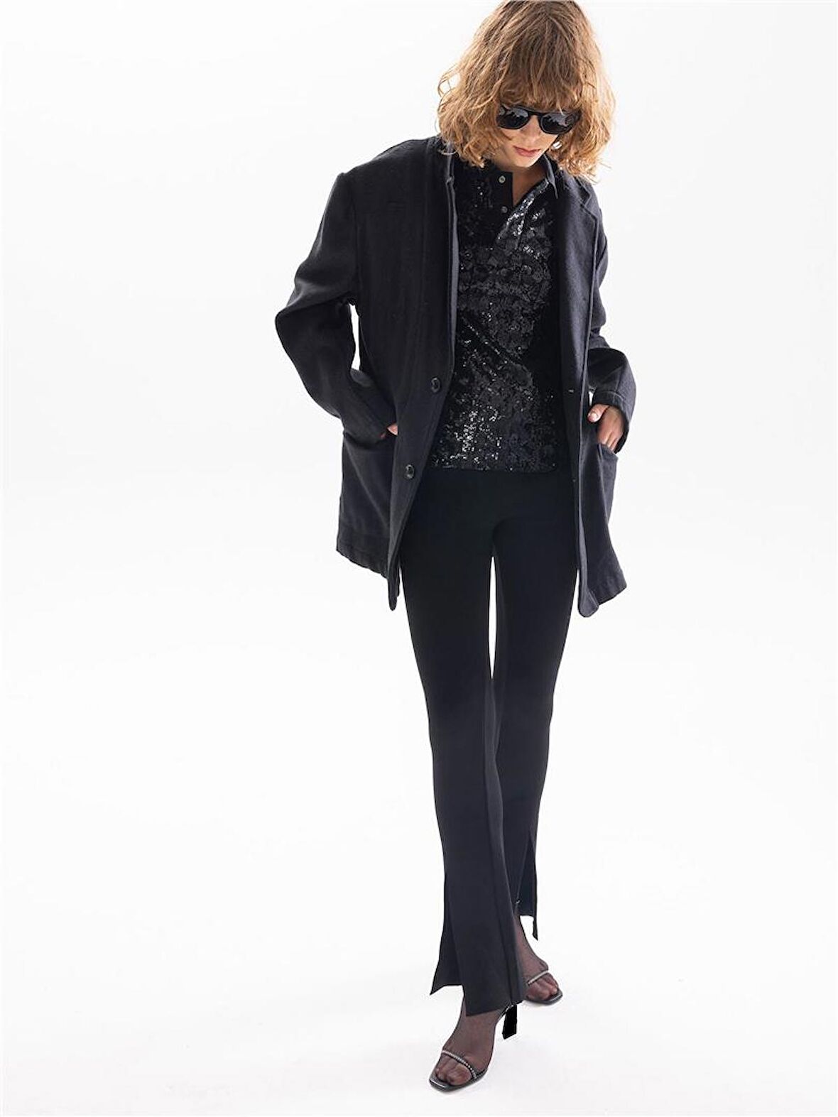 Paçası Yırtmaçlı Triko Pantolon - Siyah