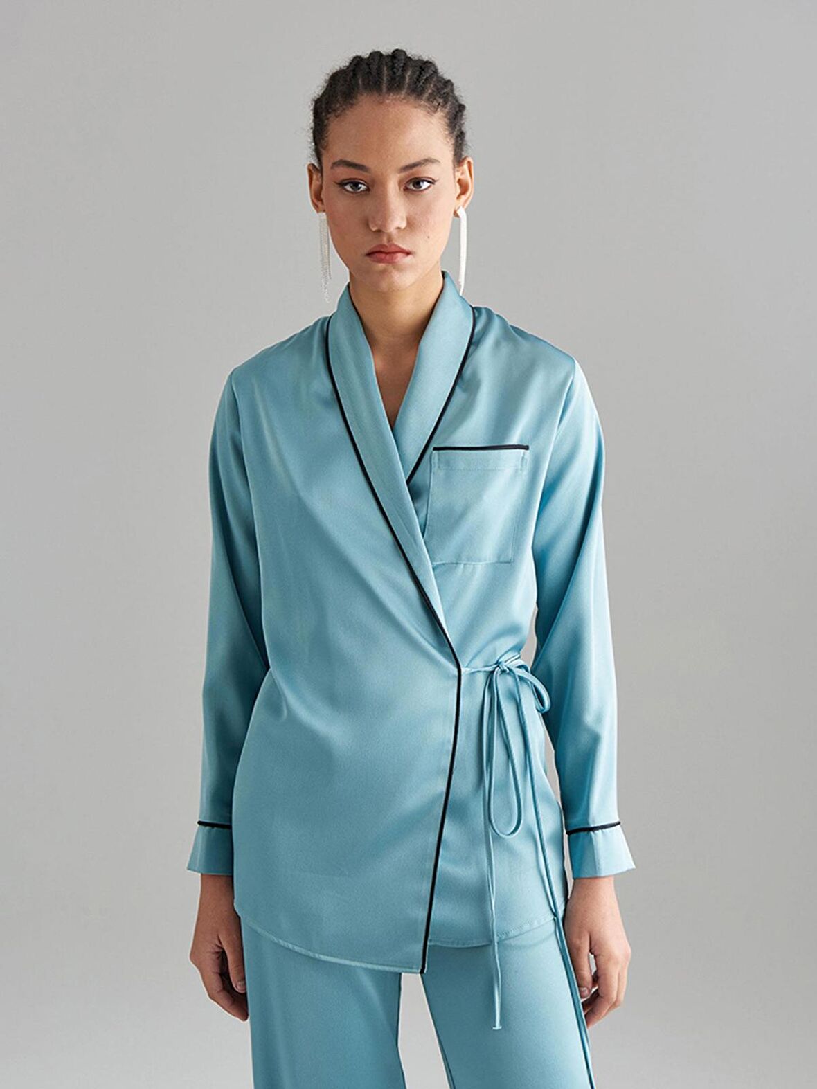 Anvelop Kapama Saten Pijama Ceket - Mint Yeşil