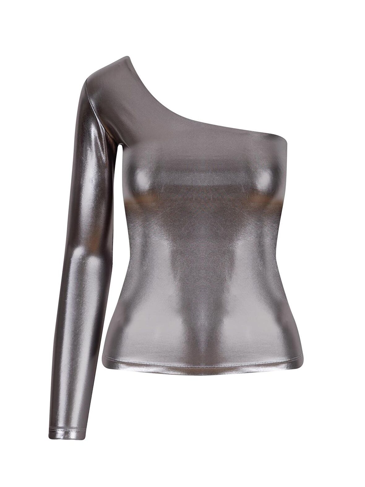 Tek Omuz Uzun Kol Parlak Body - Silver