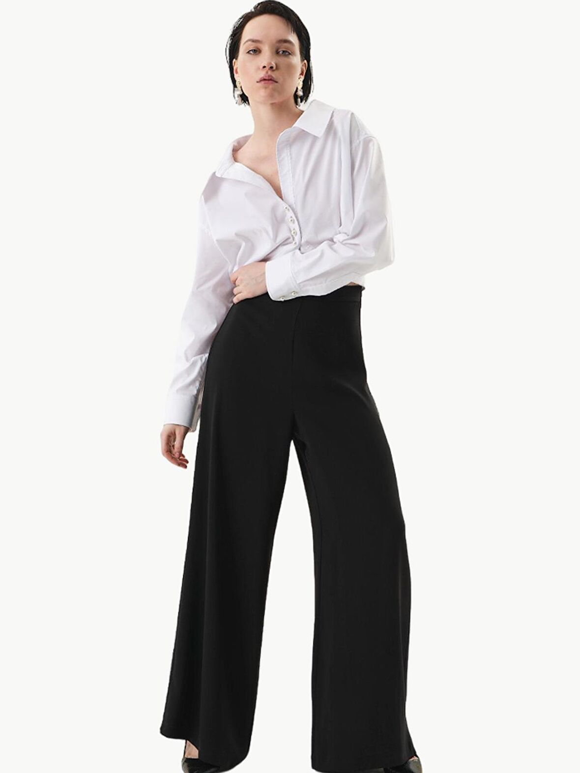 Geniş Paça Krep Pantolon - Siyah