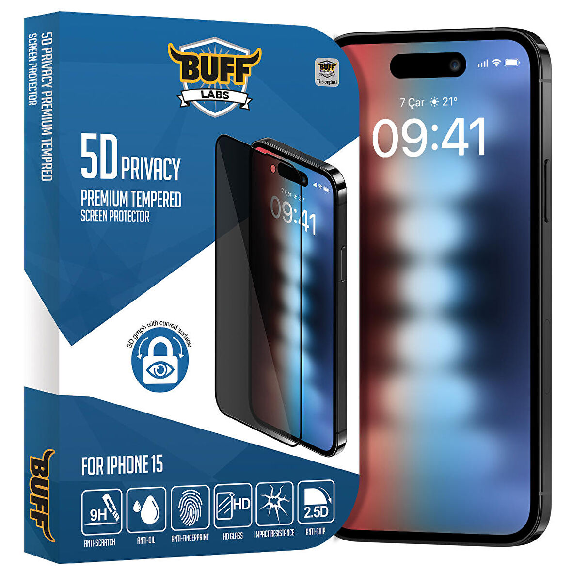 Buff iPhone 15 5D Privacy Ekran Koruyucu