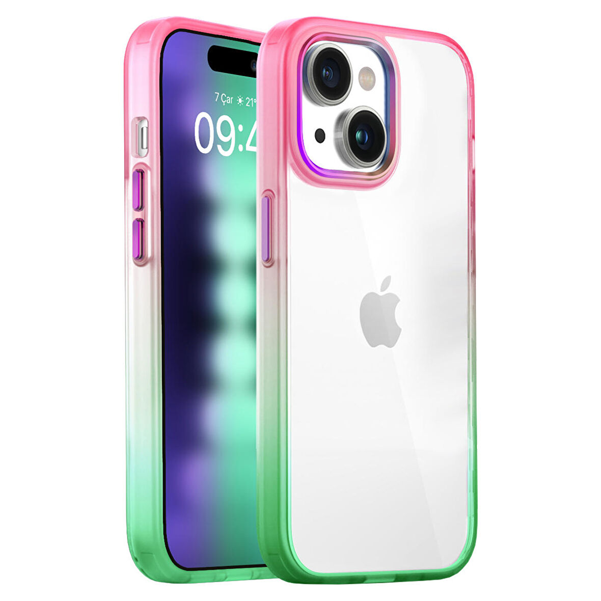 Buff iPhone 15 Plus Air Bumper Rainbow Kılıf Pink Green