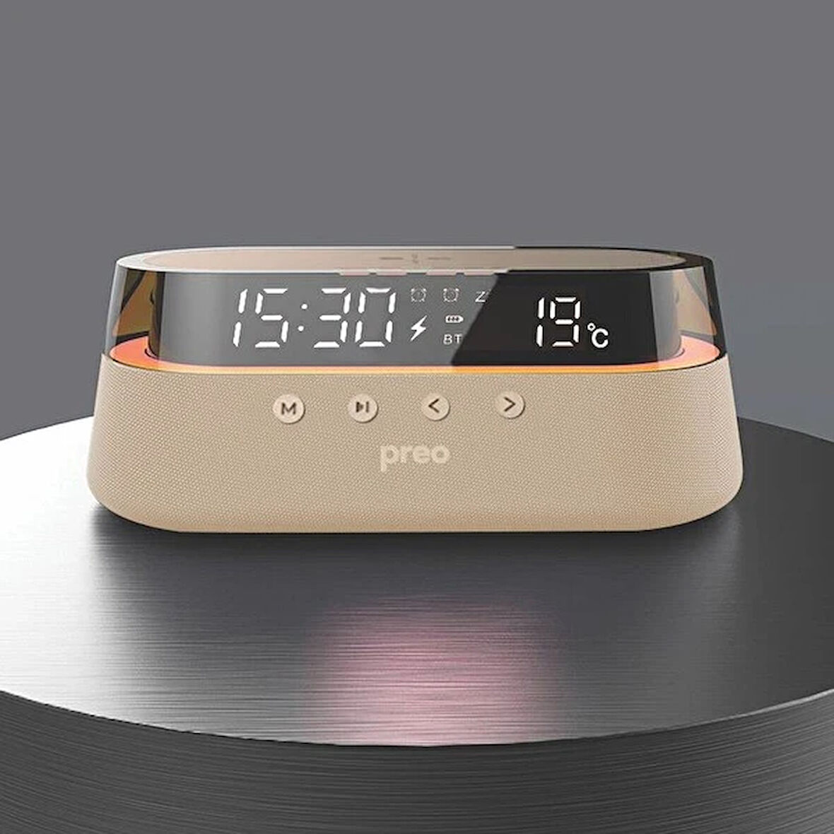 Preo Mmu300 Kablosuz Şarj Özellikli Led Aydınlatmalı 10W Bej Bluetooth Hoparlör