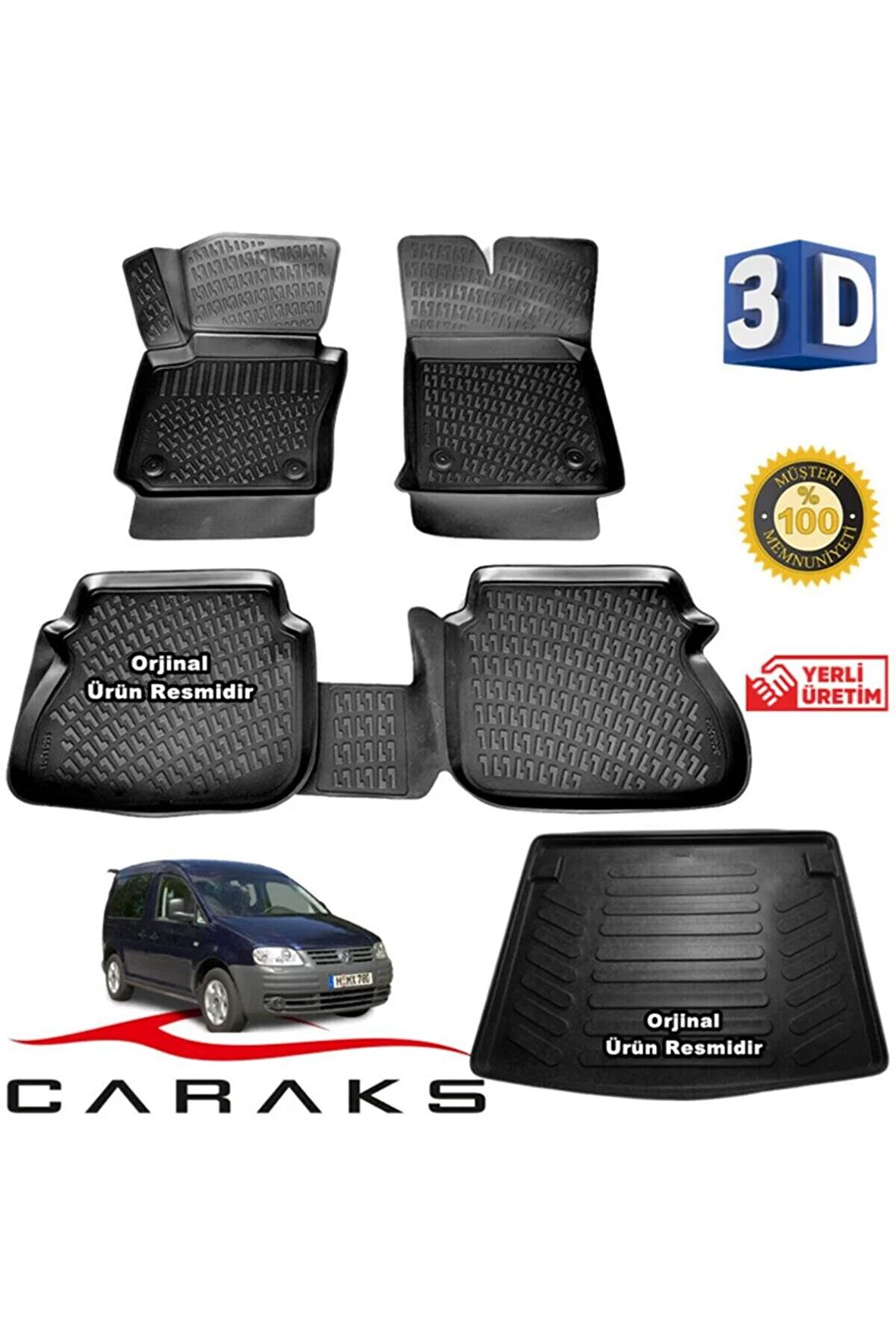 Volkswagen Caddy 3d Paspas + 3d Bagaj Havuzu 2004 - 2010 Arası Siyah - Set