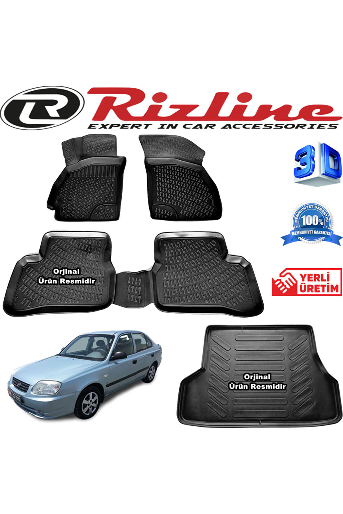 ACCENT ADMİRE RİZLİNE 3D Paspas + RİZLİNE 3D Bagaj Havuzu 2003-2005 Arası Siyah SET