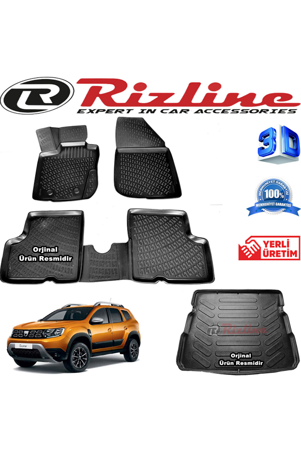 DACİA DUSTER 4X4 RİZLİNE 3D Paspas + RİZLİNE 3D Bagaj Havuzu 2018 Sonrası Siyah SET
