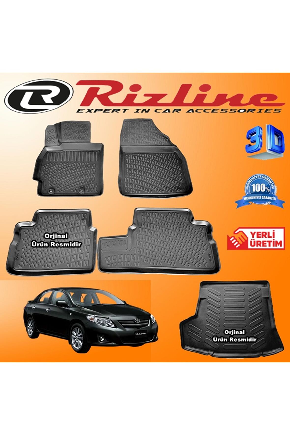 TOYOTA COROLLA RİZLİNE 3D Paspas +RİZLİNE 3D Bagaj Havuzu Sedan 2007-2013 Arası Siyah SET