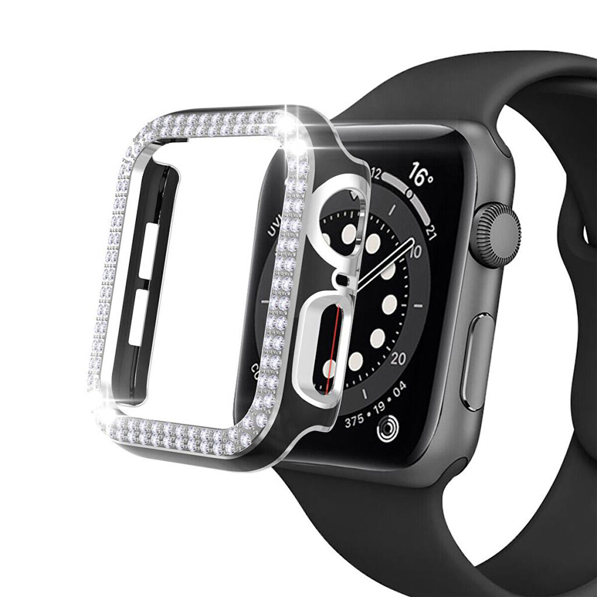Apple Watch 7 Serisi 45mm Çift Sıra Parlak Taşlı Rubber Kasa Kapak