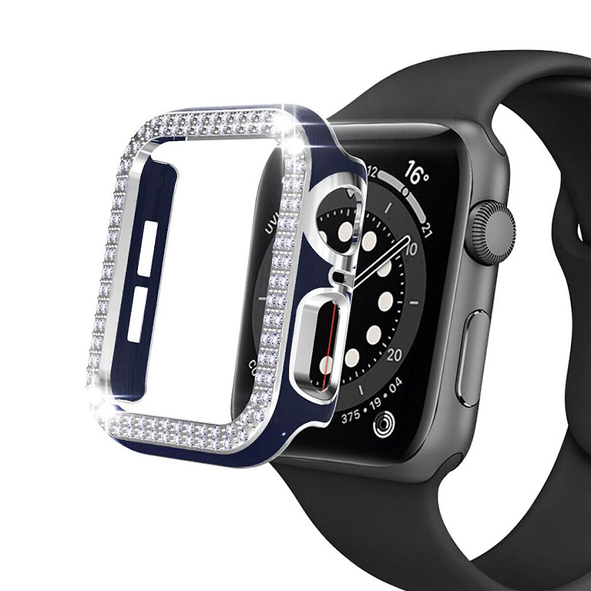 Apple Watch 7 Serisi 45mm Çift Sıra Parlak Taşlı Rubber Kasa Kapak