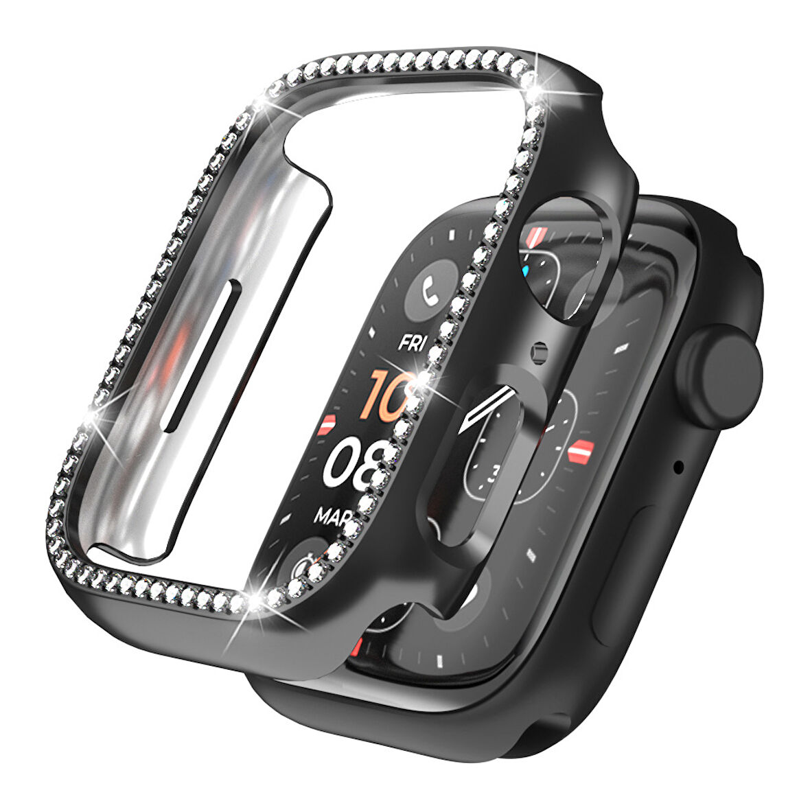 Apple Watch Ultra Ultra 2 49mm Uyumlu Tek Sıra Parlak Taşlı Rubber Kasa Kapak