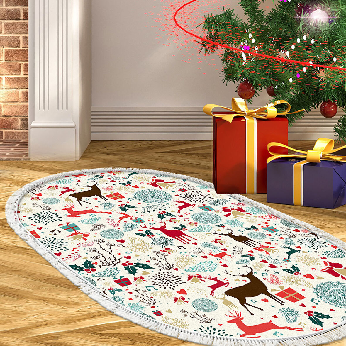 Alanur Home Yılbaşına Özel Pamuk Dijital Yıkanabilir Oval Halı Chr13M