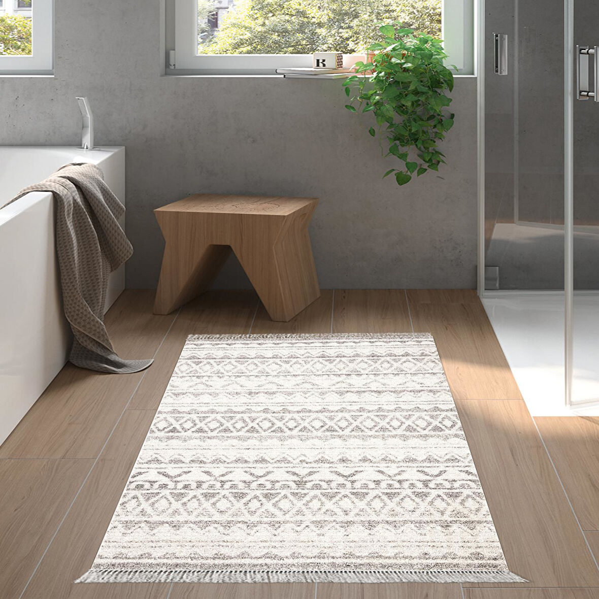 Dekoreko Kaymaz Taban Djt Banyo Halısı Yıldız Deri Saçaklı İskandinav F5078