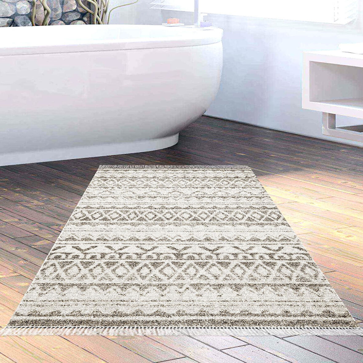 Dekoreko Kaymaz Taban Djt Banyo Halısı Yıldız Deri Saçaklı İskandinav F5078