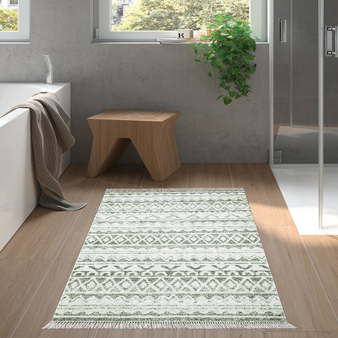 Dekoreko Kaymaz Taban Djt Banyo Halısı Yıldız Deri Saçaklı İskandinav F5078