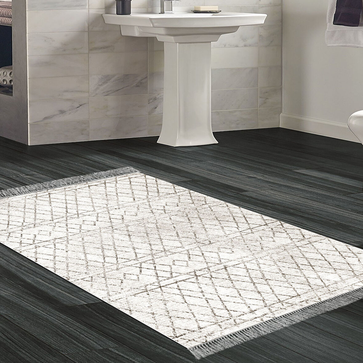 Dekoreko Kaymaz Taban Djt Banyo Halısı Yıldız Deri Saçaklı İskandinav F5079
