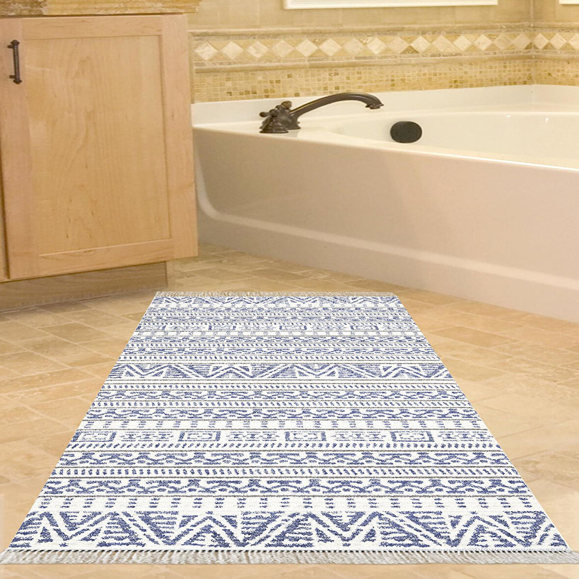 Dekoreko Kaymaz Taban Djt Banyo Halısı Yıldız Deri Saçaklı İskandinav F5082