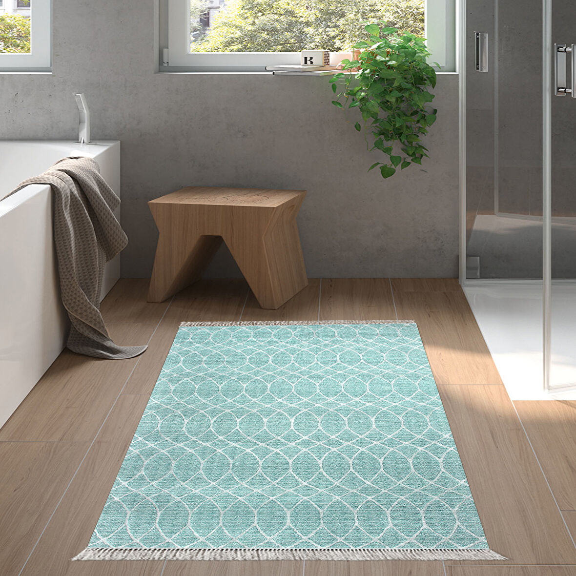 Dekoreko Kaymaz Taban Djt Banyo Halısı Yıldız Deri Saçaklı İskandinav F5084