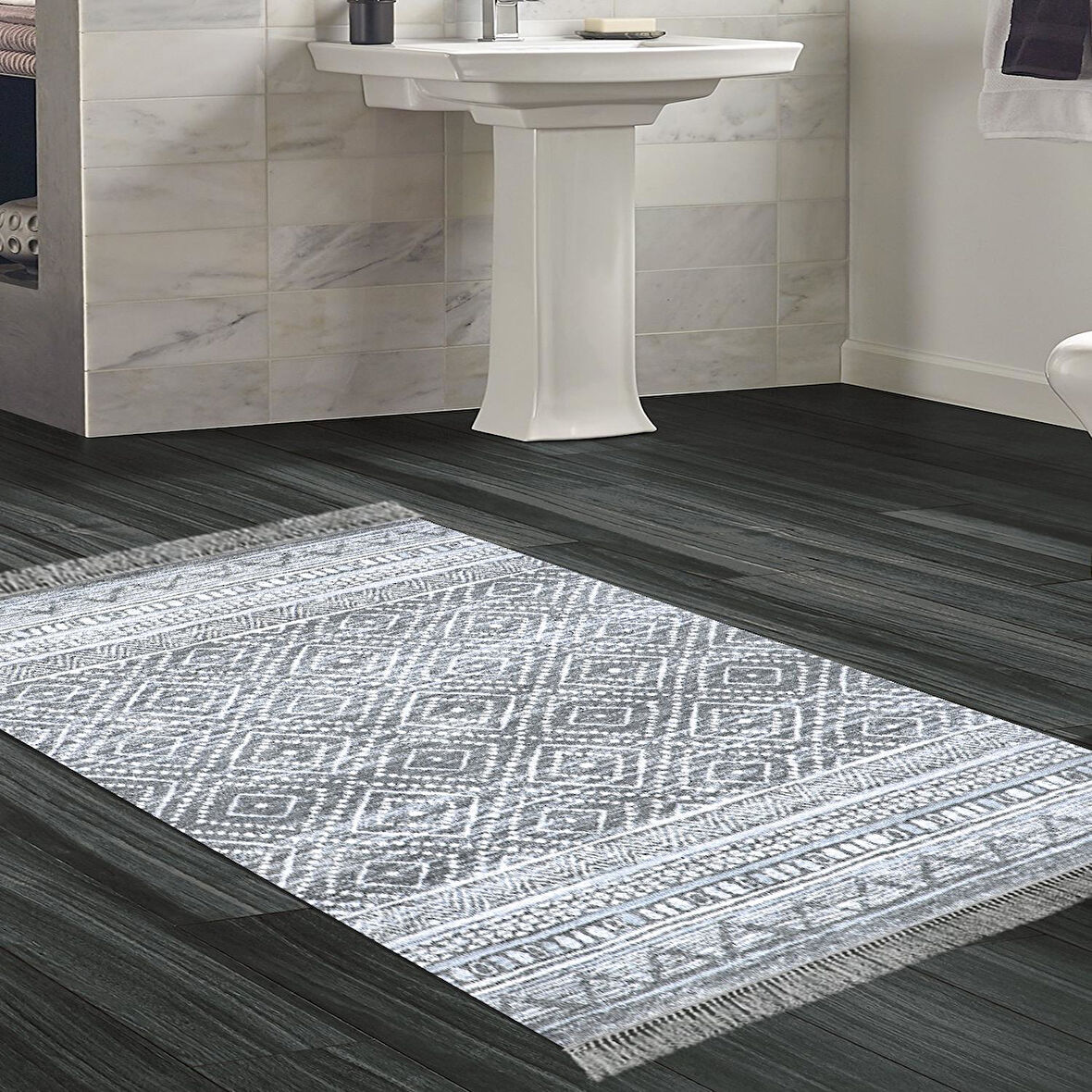 Dekoreko Kaymaz Taban Djt Banyo Halısı Yıldız Deri Saçaklı İskandinav F5087