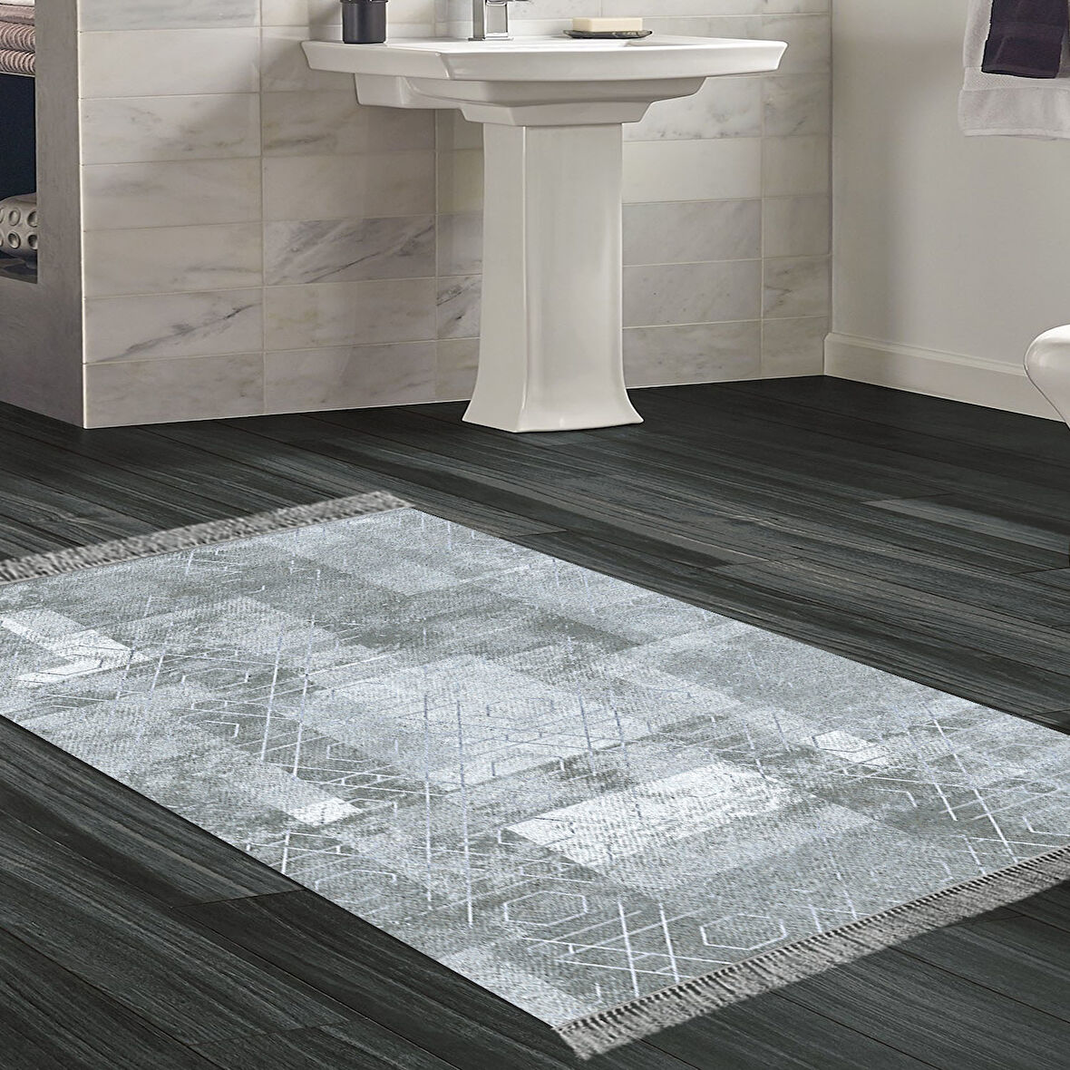 Dekoreko Kaymaz Taban Djt Banyo Halısı Yıldız Deri Saçaklı İskandinav F5132