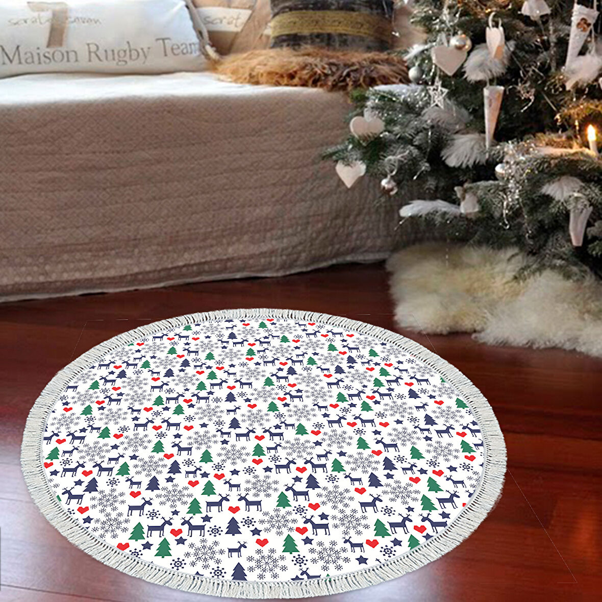 Alanur Home Yılbaşına Özel Keçe Dijital Yıkanabilir Yuvarlak Halı Chr10M