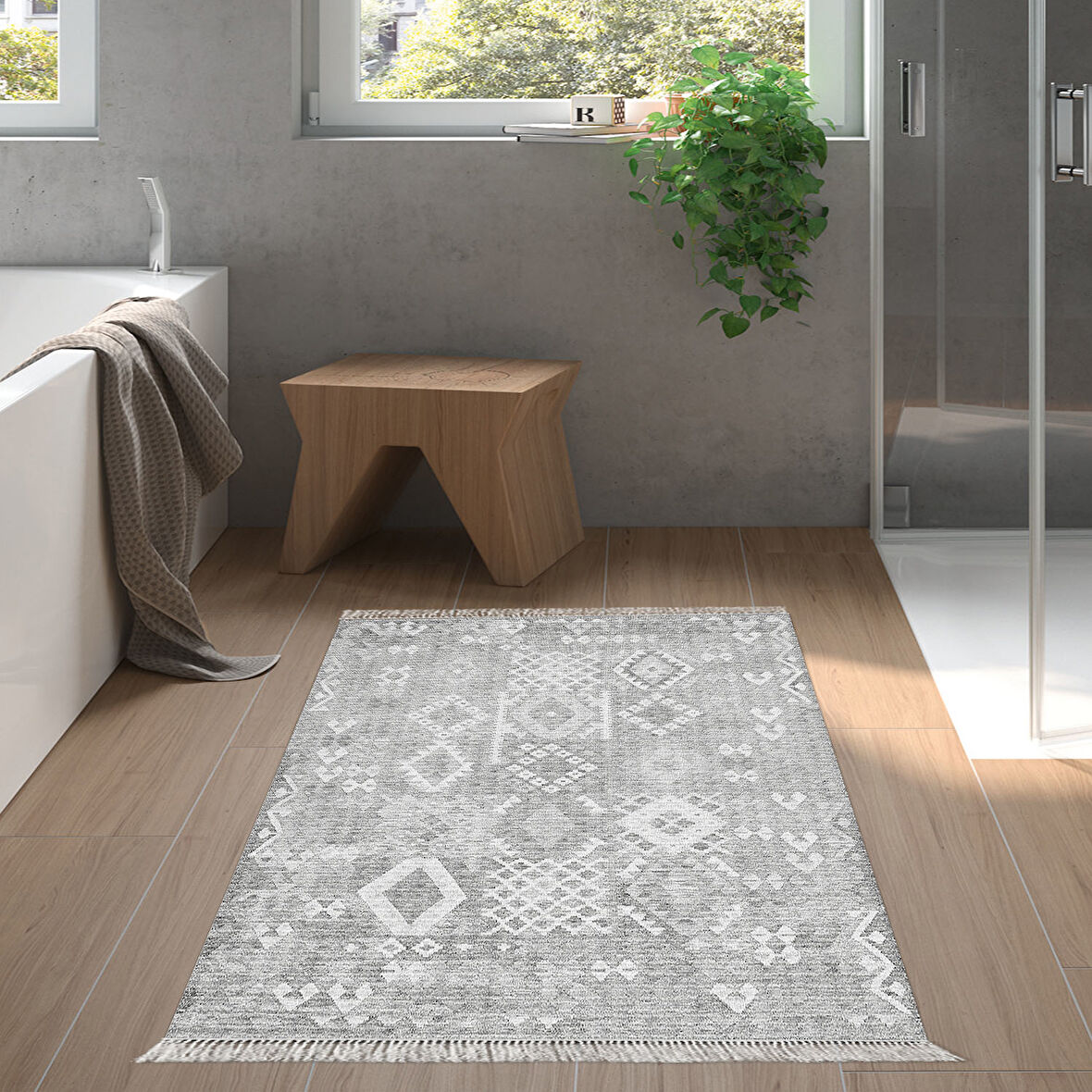 Dekoreko Kaymaz Taban Djt Banyo Halısı Yıldız Deri Saçaklı İskandinav F5137